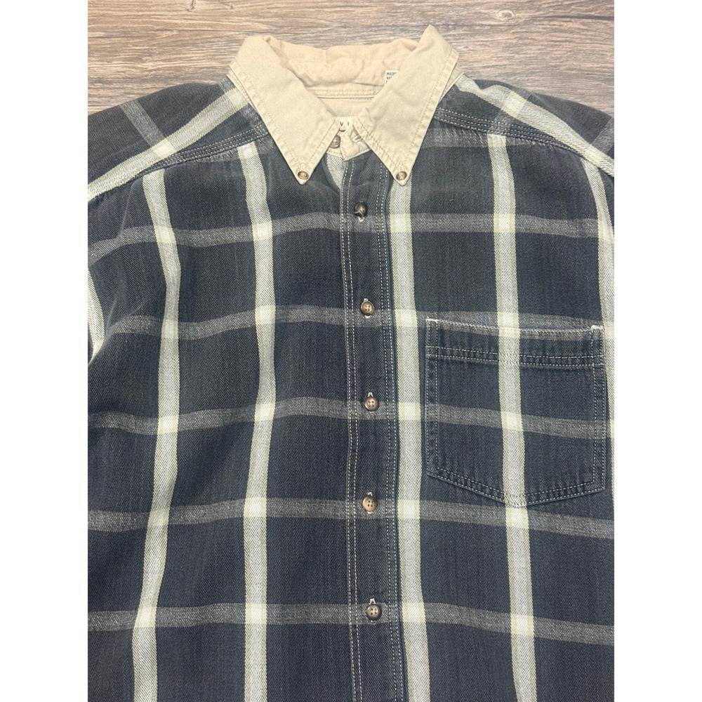Vintage Mens Plaid Button Down Shirt Gray Cotton Large Workwear